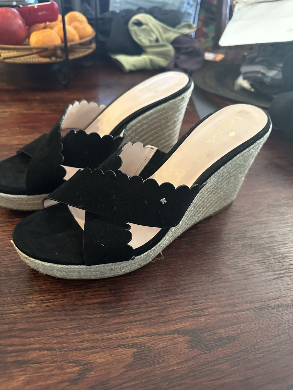 kate spade Black Scalloped Espadrille Wedge Sandals